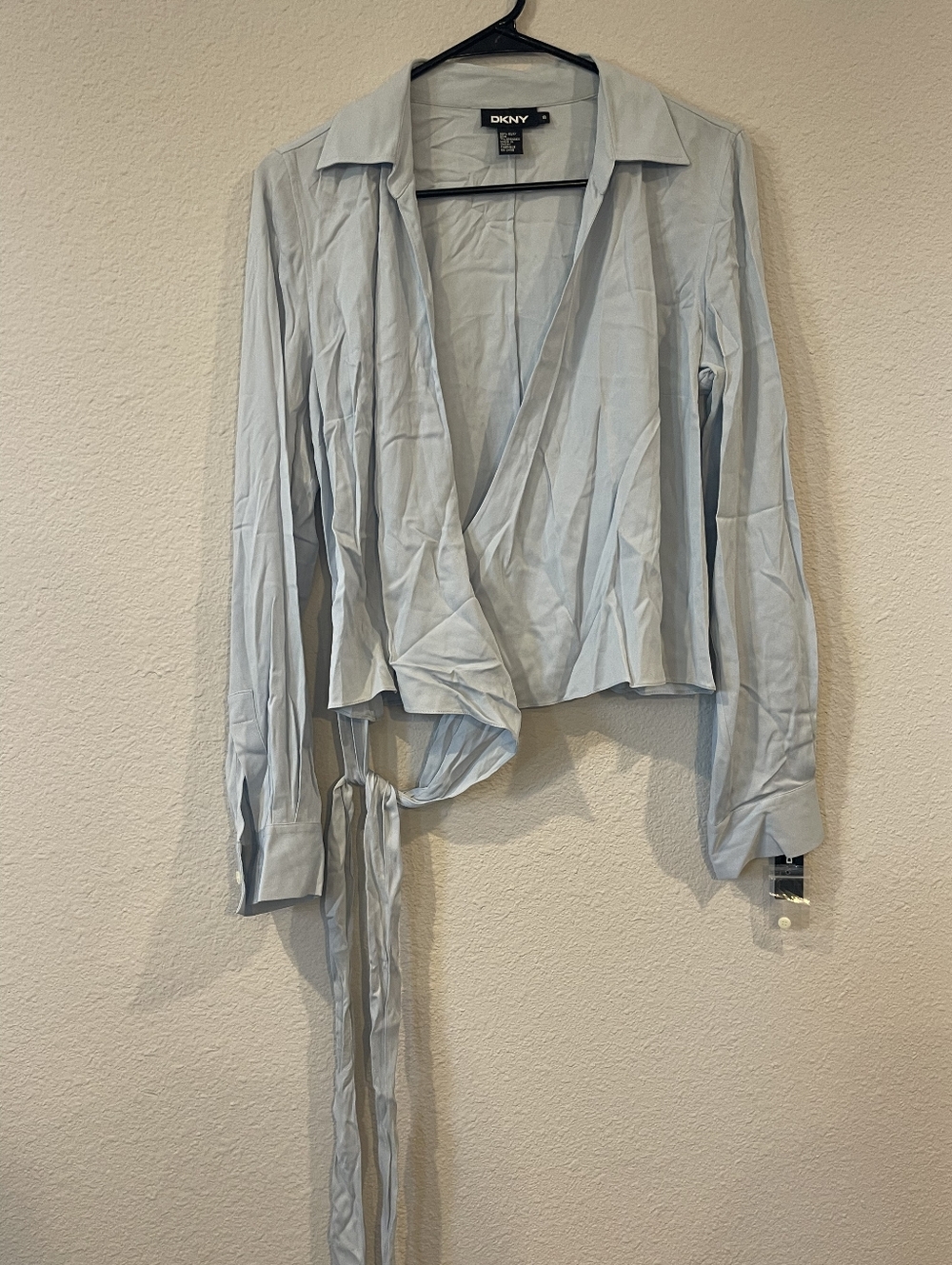 NWT DKNY Vintage Y2K Cloud Blue Silk Collared Wrap Long‎ Sleeve Blouse Shirt 8